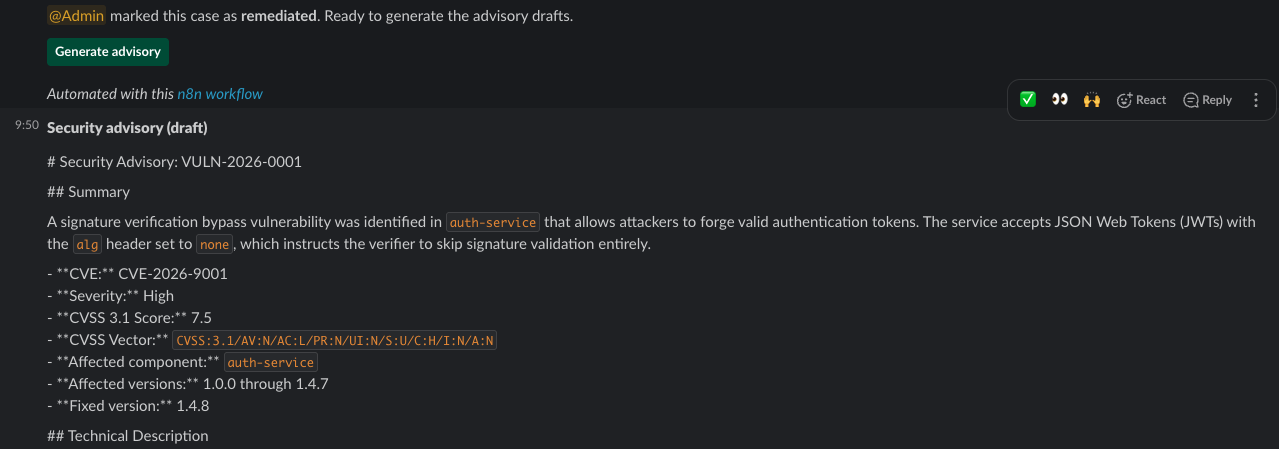 Three drafts for three audiences. Human approval is a button, not a configuration setting.