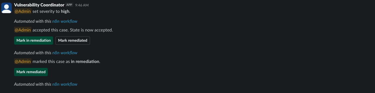The lifecycle visualised: three button clicks, three rows in `state_transitions`, three confirmation messages. The lifecycle is the audit trail.
