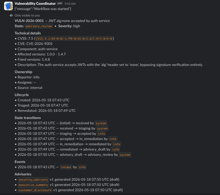 Every decision, every transition, every actor - recoverable from Postgres in one query. Compliance evidence is a side effect.
